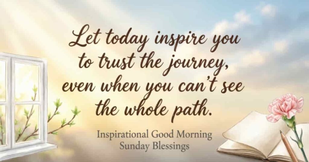 Inspirational Good Morning Sunday blessings quote with an open book, pink flower, sunny window, and the message, “Let today inspire you to trust the journey, even when you can’t see the whole path.