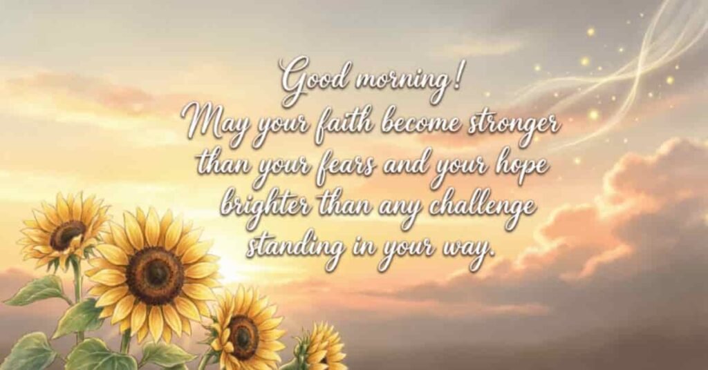 Inspirational Good Morning Thursday blessing quote with bright sunflowers, glowing clouds, and a peaceful golden sunrise background.