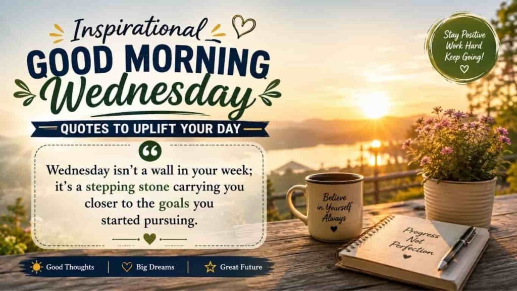 Inspirational Good Morning Wednesday quotes to uplift your day with a sunrise view, coffee mug, and notebook.