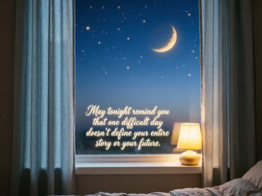 Inspirational good night blessing with a crescent moon, cozy bedside lamp, and message of hope after a difficult day