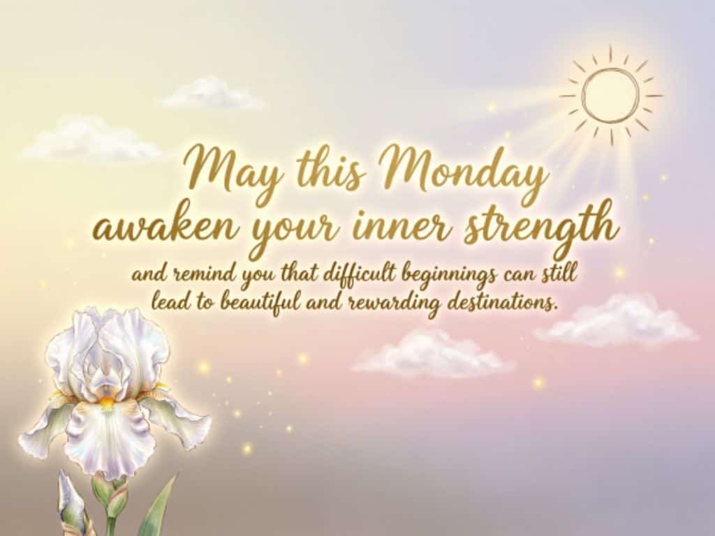 Inspirational Monday blessings quote about inner strength and beautiful destinations with a sun and flower background