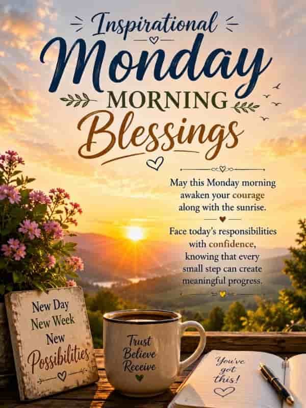 Inspirational Monday morning blessings quote with a beautiful sunrise over mountains, blooming flowers, coffee mug, journal, and a message about courage, confidence, and meaningful progress.