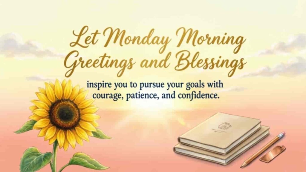 Inspirational Monday morning blessings image featuring a bright sunflower, closed notebooks, a pencil, and a sunrise background with a motivational quote