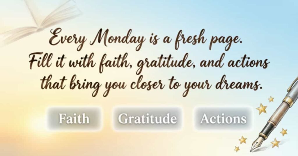Inspirational Monday morning quote image with a pen, open book, and motivational message encouraging faith, gratitude, and positive actions to start the new week.
