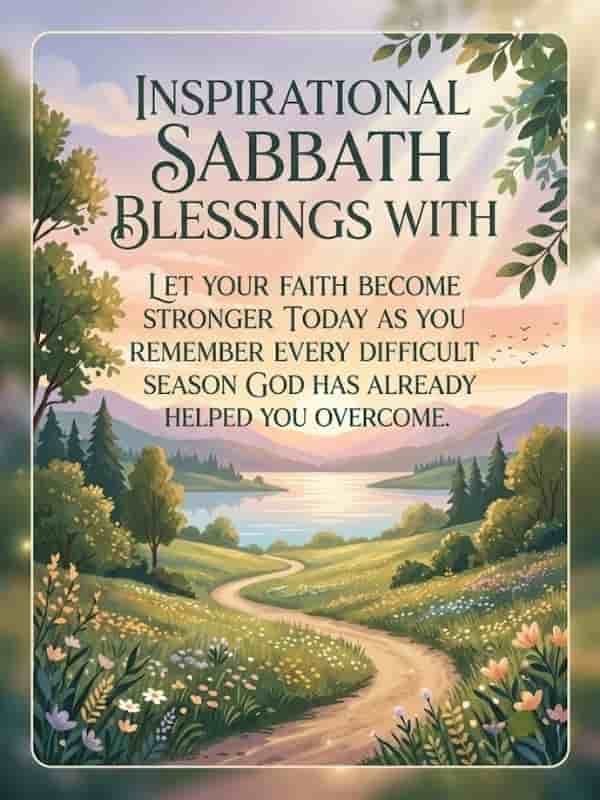 Inspirational Sabbath Blessings greeting card featuring an illustration of a peaceful nature landscape with a winding path through a wildflower field towards distant mountains and a soft sunrise lake. The image displays the text: "Inspirational Sabbath Blessings - Let your faith become stronger today as you remember every difficult season God has already helped you overcome.