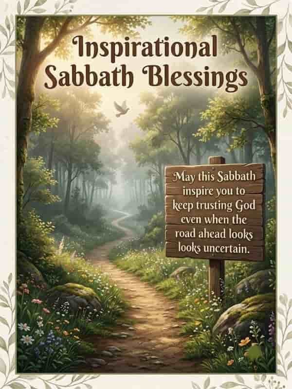 Inspirational Sabbath Blessings greeting card featuring a winding dirt path through a peaceful, sunlit forest. A wooden sign on the right displays the message: "May this Sabbath inspire you to keep trusting God even when the road ahead looks uncertain." A white dove flies in the soft morning light filtering through the trees, framed by a delicate botanical border.