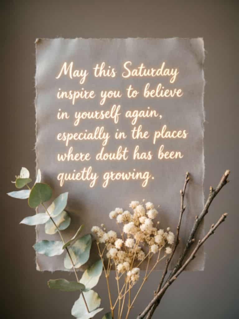 Inspirational Saturday blessing with a glowing message about believing in yourself again, displayed on a rustic paper background with eucalyptus leaves and dried flowers.