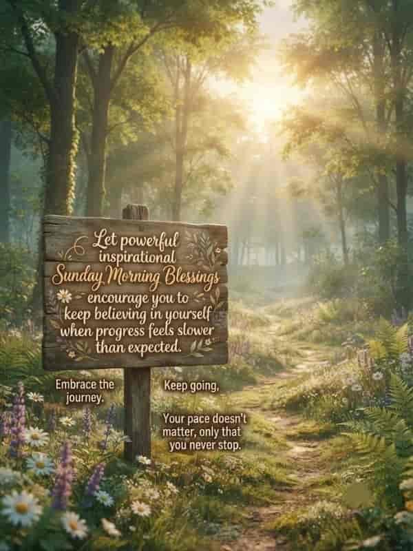 A peaceful sunlit forest path surrounded by wild flowers and lush greenery, featuring a rustic wooden sign inscribed with Sunday morning blessings and motivational text about believing in yourself.
