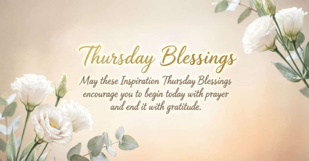 Inspirational Thursday blessings image with elegant white roses and a heartfelt message encouraging you to begin the day with prayer and end it with gratitude.