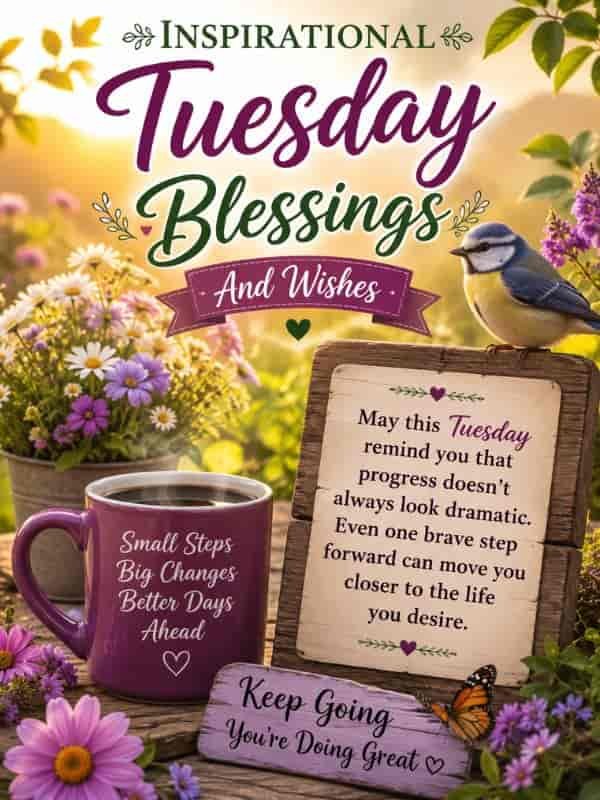 Inspirational Tuesday blessings and wishes with a peaceful garden scene, colorful flowers, a bird, and a motivational message about taking brave steps toward the life you desire.