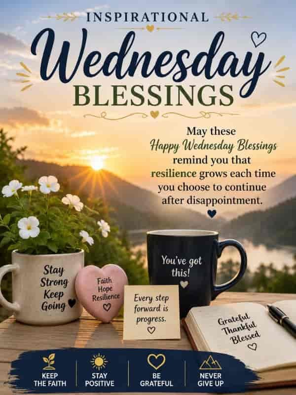 Inspirational Wednesday Blessings image with a peaceful sunrise over mountains and a lake, flowers, coffee mug, and resilience-themed messages, featuring a quote about continuing after disappointment.
