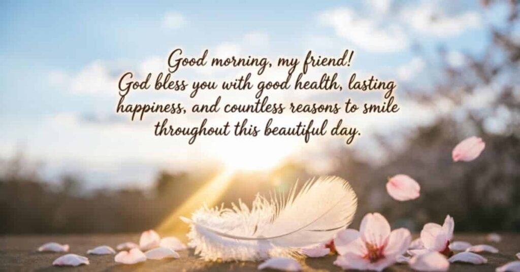 Inspiring Good Morning God Bless You wish for a friend with a white feather, pink flower petals, and warm sunrise light.