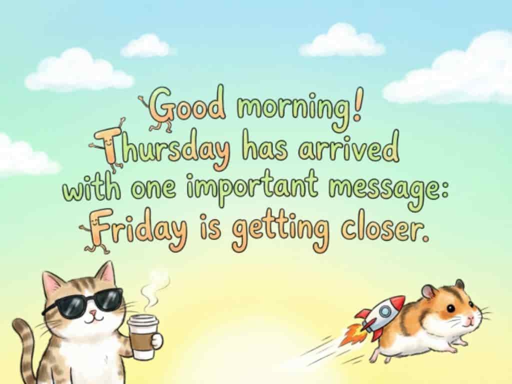 Light and funny Good Morning Thursday greeting featuring a sunglasses-wearing cat holding coffee and a hamster riding a rocket, with a cheerful message that Friday is getting closer.