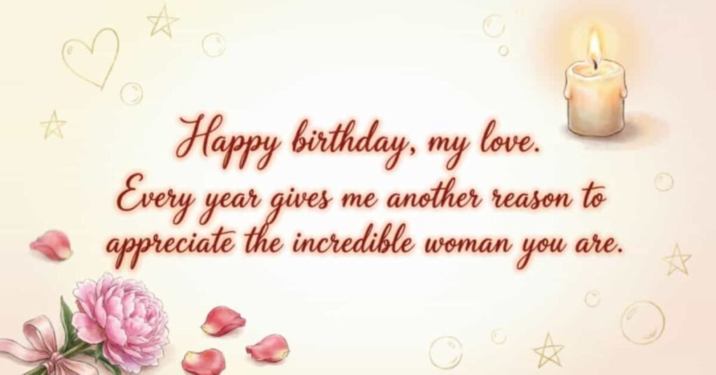 Long birthday paragraphs for girlfriend with a romantic birthday message, pink flowers, rose petals, hearts, stars, and a glowing candle.