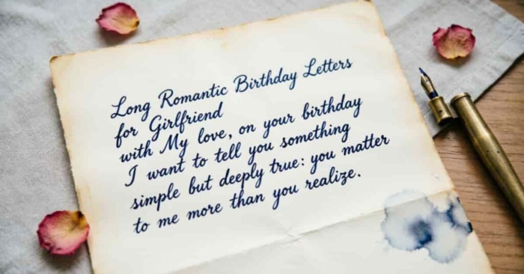 Long romantic birthday letter for a girlfriend written in elegant cursive on vintage paper, surrounded by rose petals and a fountain pen.
