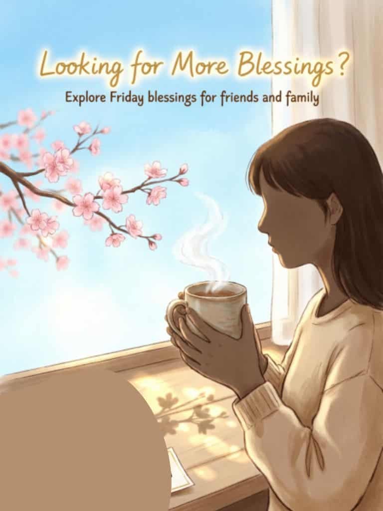 Looking for More Blessings? Friday blessings for friends and family, featuring a woman enjoying a warm cup of tea by a sunny window with blooming pink flowers.
