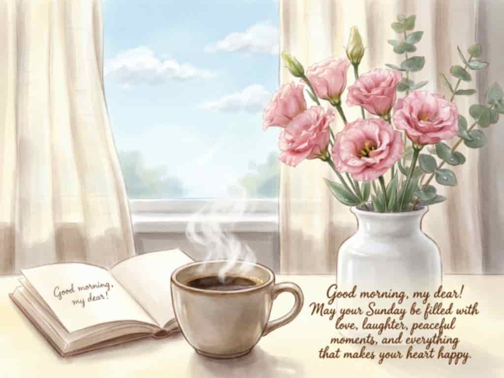 Good morning Sunday love quote with coffee cup, pink flowers and open book by bright window