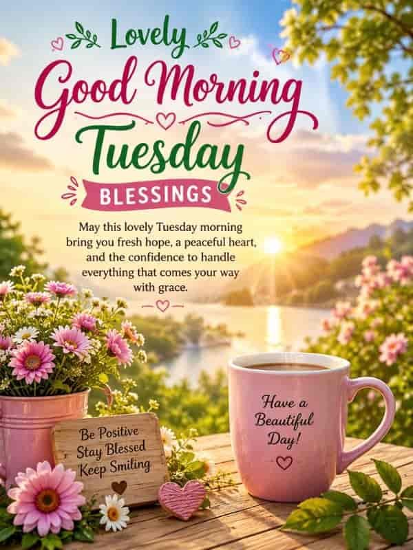 Lovely Good Morning Tuesday blessings greeting with a peaceful sunrise over a lake, pink flowers, a warm coffee mug, and an inspirational message about fresh hope, a peaceful heart, and confidence.
