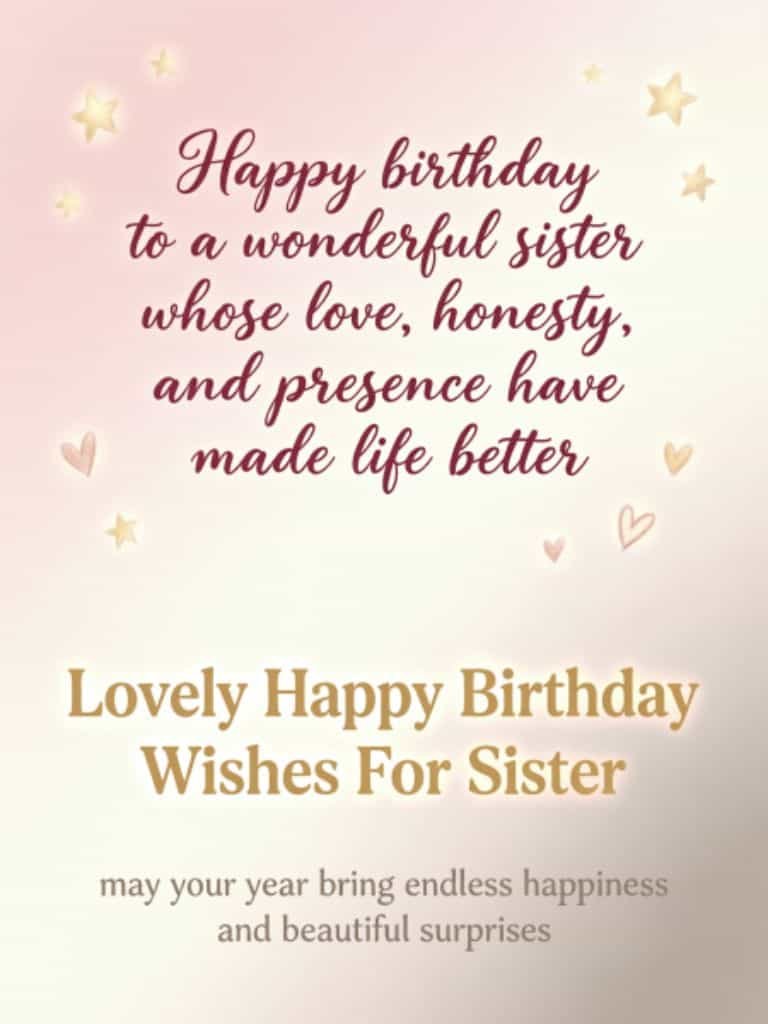Lovely Happy Birthday greeting card with a heartfelt message and glowing stars for a sister