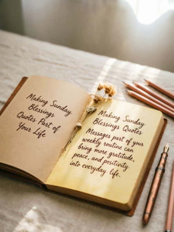 Open journal with handwritten notes about incorporating Sunday blessings quotes into daily life.