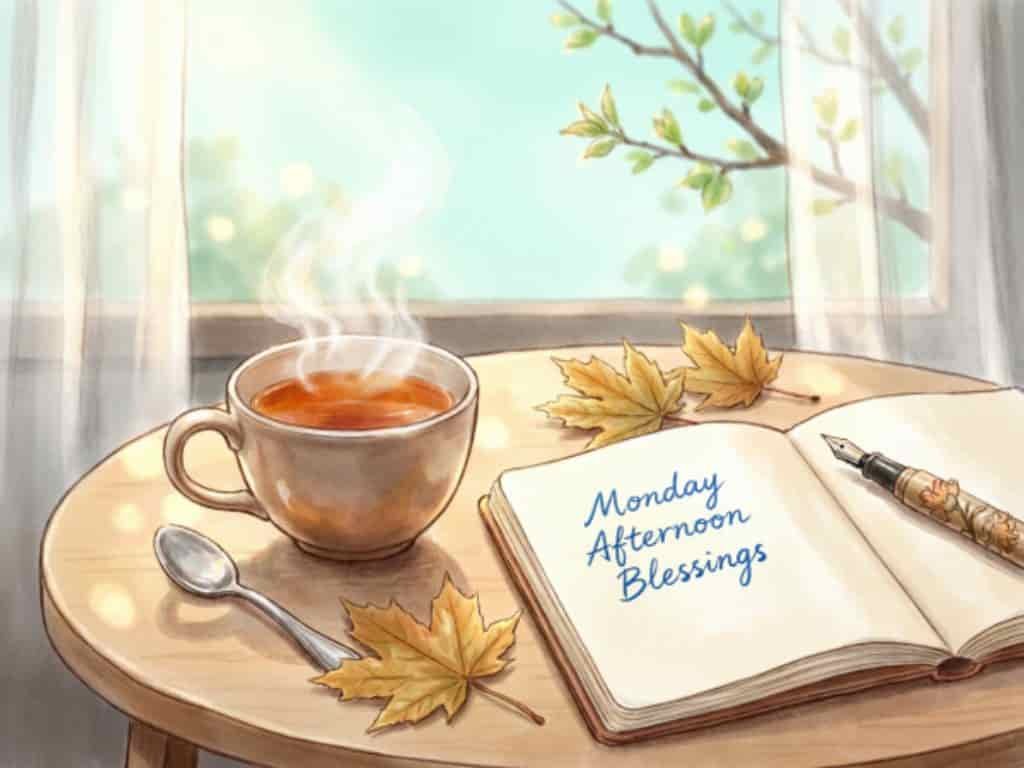Monday afternoon blessings image with a steaming cup of tea, open notebook, pen, and autumn leaves by a sunny window.