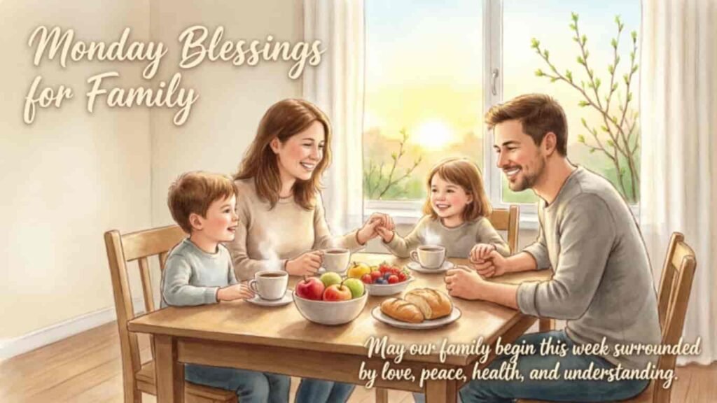 Monday blessings for family image featuring a happy family having breakfast together at a table with fresh fruits, coffee, and a heartwarming quote