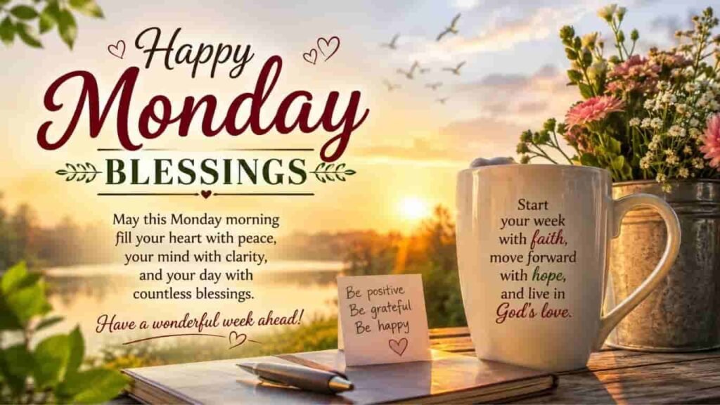 Happy Monday blessings image featuring a coffee mug with an inspirational quote, a sticky note reading 'Be positive, be grateful, be happy', a notebook, and a scenic water background with flowers