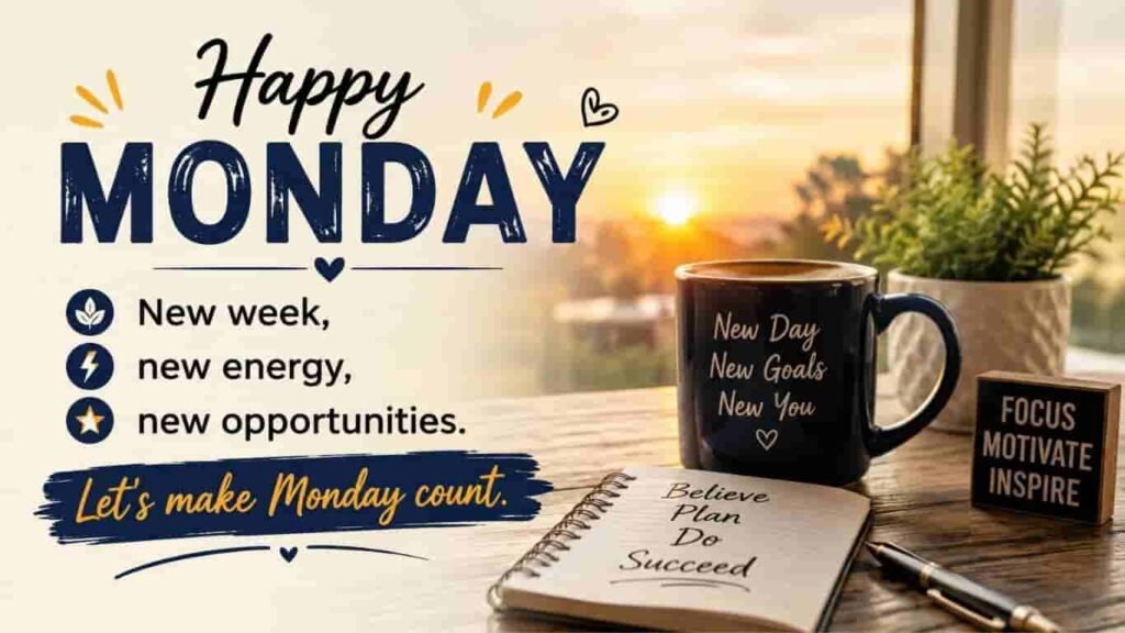 Happy Monday image featuring a black coffee mug reading 'New Day, New Goals, New You', an open notebook, a motivational block that reads 'Focus Motivate Inspire', and a sunny window background.