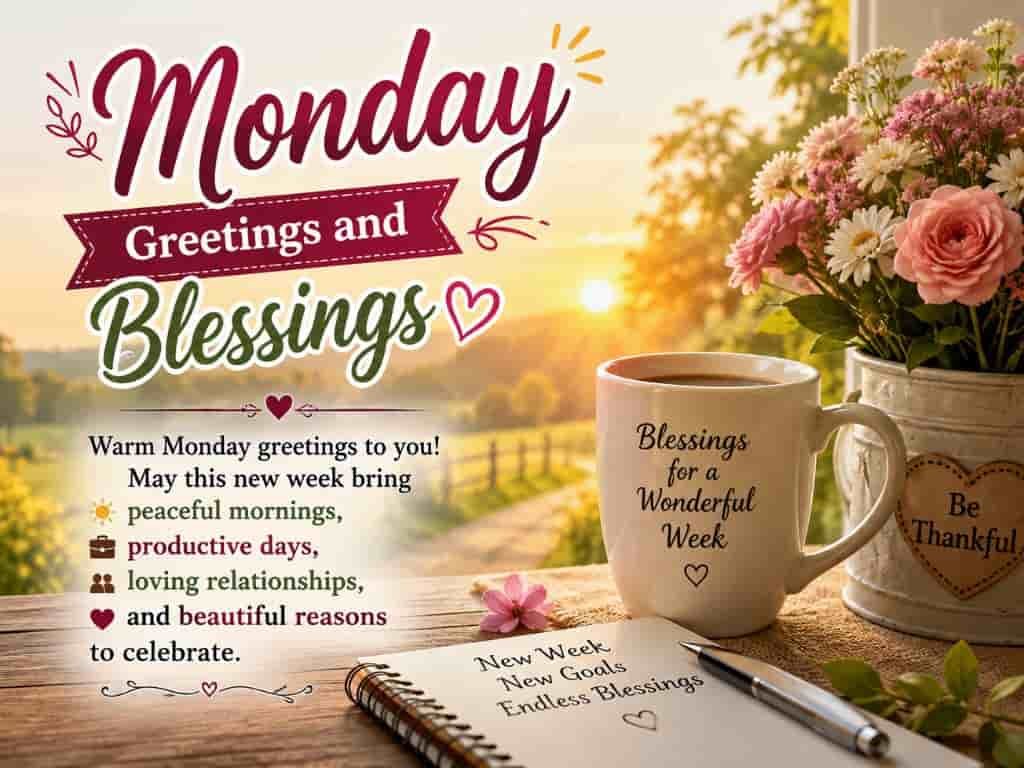 Monday Greetings and Blessings quote with coffee mug, flowers, and notebook