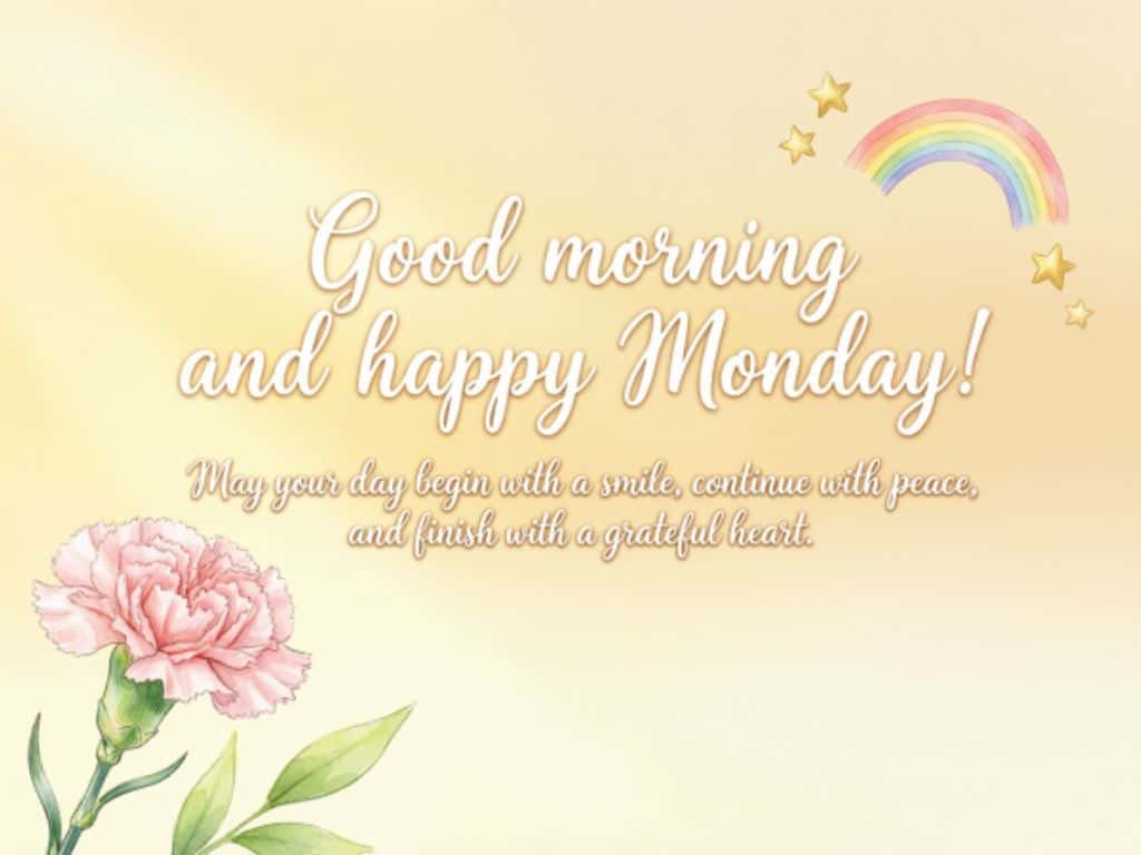 Good morning and happy Monday blessing with a pink carnation flower, watercolor rainbow, and stars on a soft yellow background