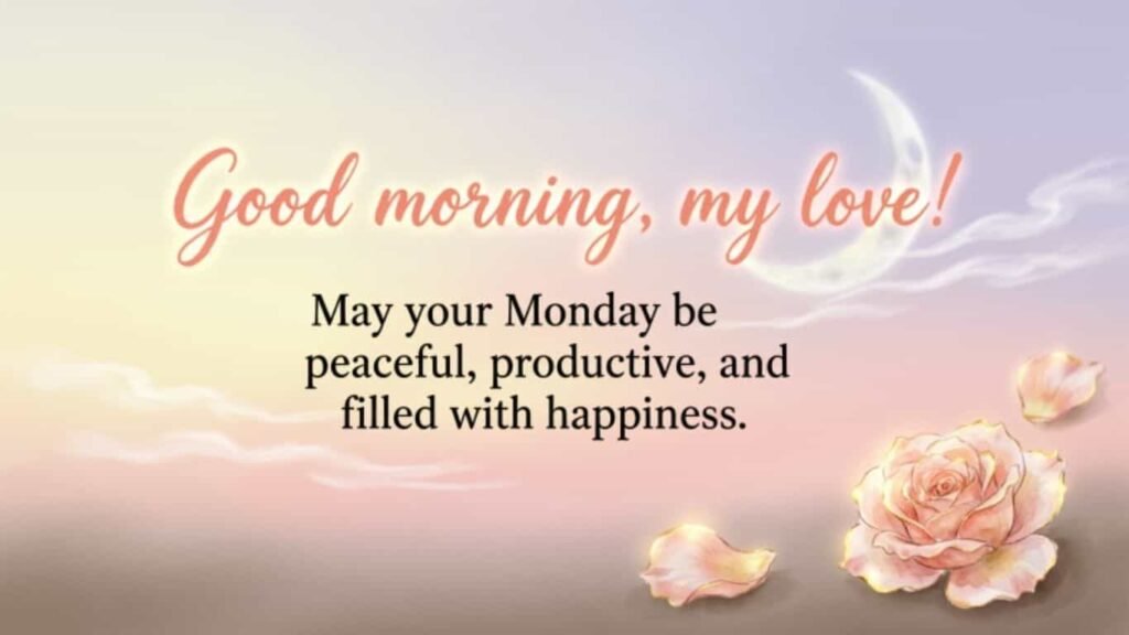 Good morning my love Monday greeting image featuring a soft pink rose, crescent moon, and a romantic blessing quote in a dreamy sky background