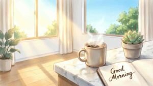 Good morning Monday greeting with coffee cup, potted plants, and sunlight streaming through the window