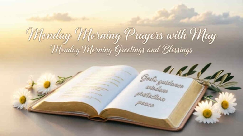 Monday morning prayers and blessings image featuring an open Bible, white daisy flowers, an olive branch, and peaceful morning light background