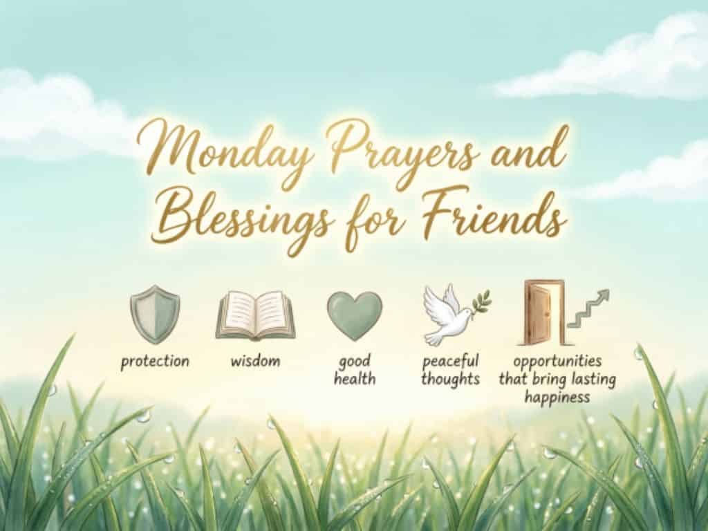Monday Prayers and Blessings for Friends with icons for protection, wisdom, health, peace, and opportunities