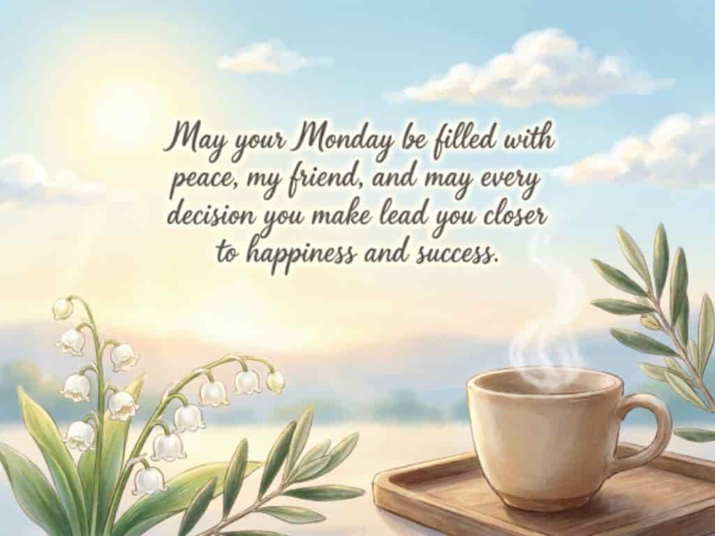 Monday prayers and blessings for friends with a warm cup of coffee, flowers, and a peaceful morning background