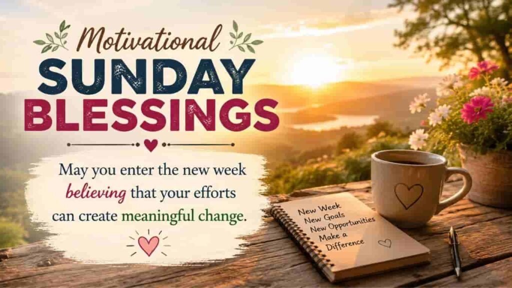 Motivational Sunday blessings greeting card with positive quote, coffee mug, open notebook, and morning scenery