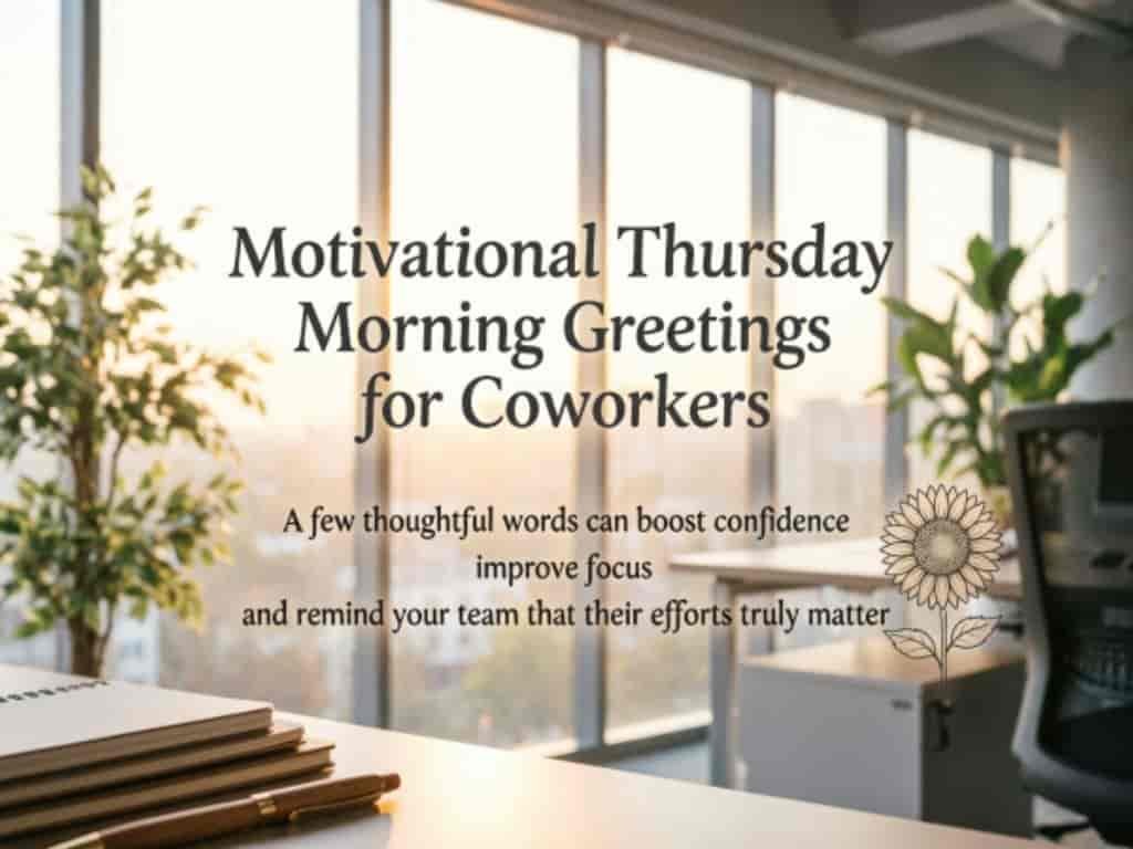 Motivational Thursday morning greetings for coworkers with an inspiring message about boosting confidence, improving focus, and appreciating team efforts in a bright office setting.