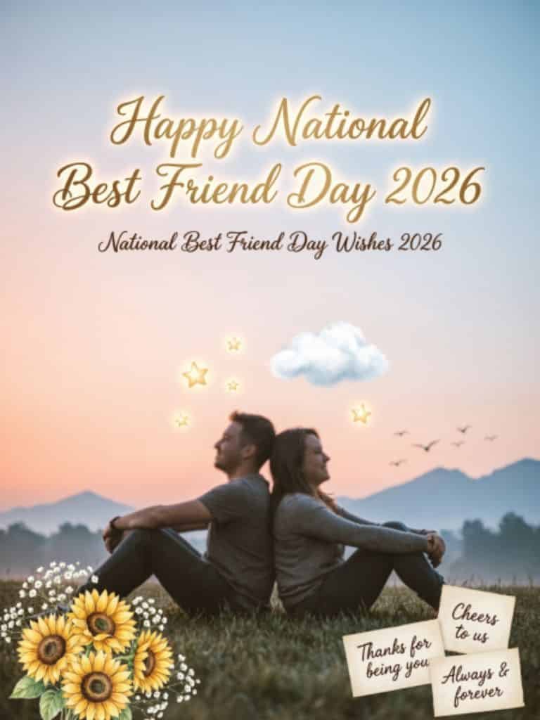 Happy National Best Friend Day 2026 wishes featuring two best friends sitting together outdoors with sunflowers and a scenic mountain background.