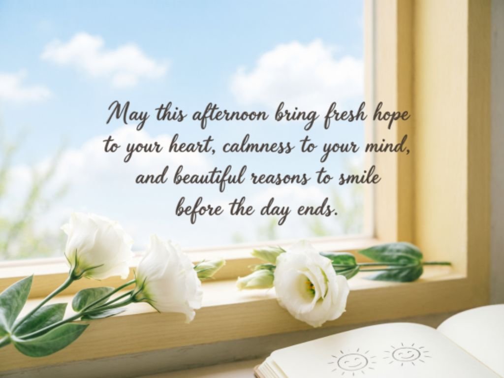 Good afternoon blessings quote with white flowers by a sunny window, wishing fresh hope, calmness, and reasons to smile.