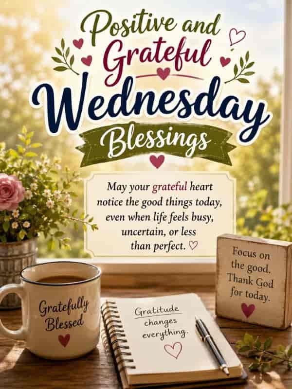 Positive and grateful Wednesday blessings image with a peaceful message about noticing the good things in life, even during busy or uncertain times.
