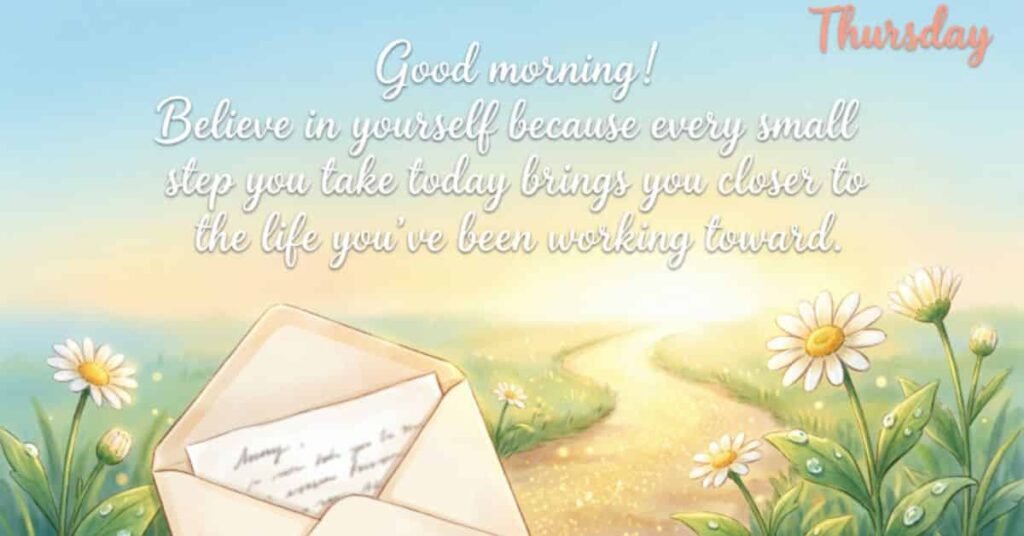 Positive Good Morning Thursday message with an encouraging quote, an open letter, white daisies, and a glowing sunrise over a peaceful garden path.