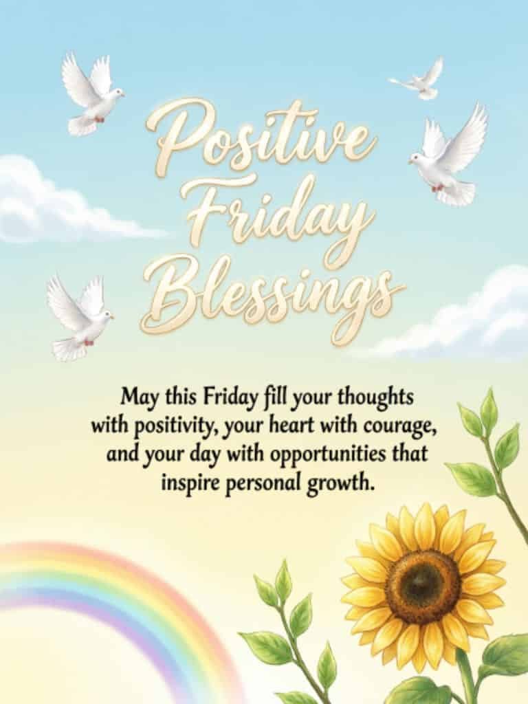 Positive Friday blessings image with white doves flying in a blue sky, fluffy clouds, a rainbow, and a bright sunflower, featuring an uplifting message about positivity, courage, and personal growth.