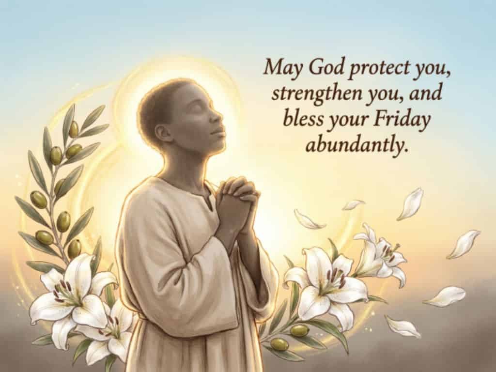 Positive Friday morning prayer with a person praying, white lilies, olive branches, and a message asking God to protect, strengthen, and bless you.