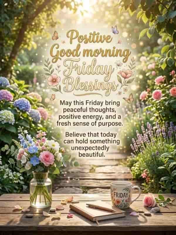Positive Good Morning Friday Blessings image with inspirational quotes, colorful flowers in a garden, a coffee mug, and a journal.