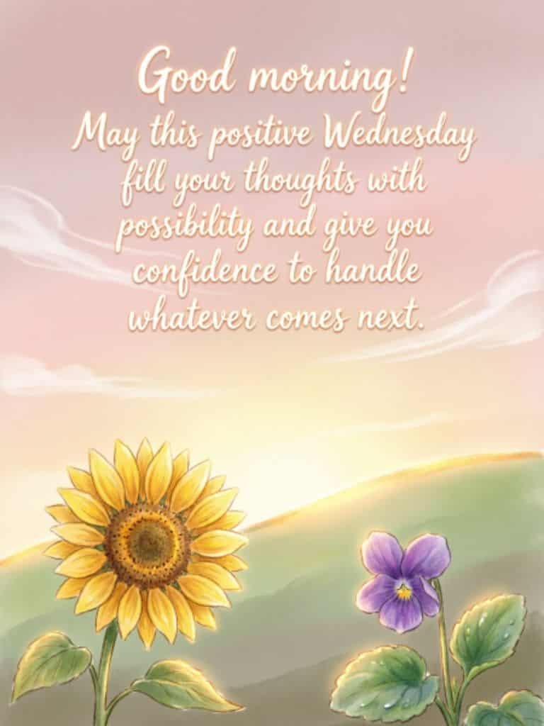 Positive Good Morning Wednesday blessings image with a sunflower and purple flower.