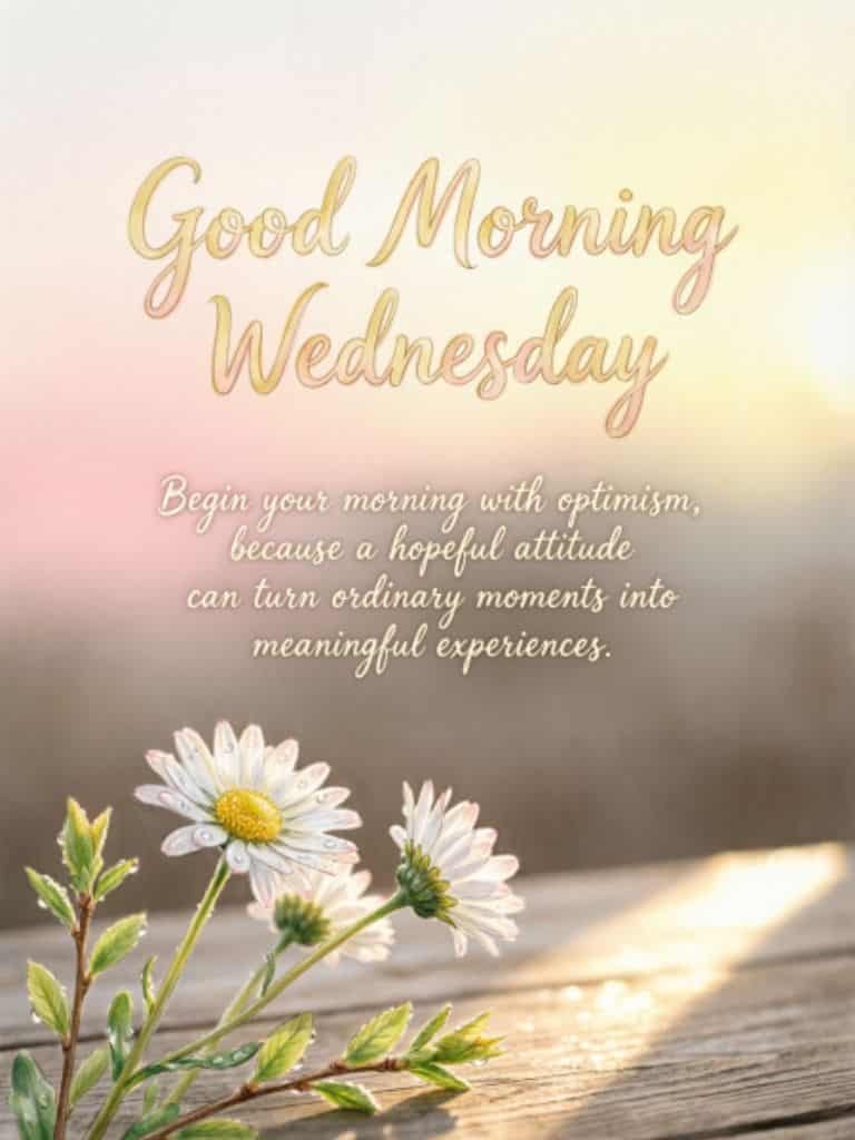 Good Morning Wednesday blessings graphic with white daisies, warm morning sunlight, and an inspirational message about optimism and meaningful experiences.