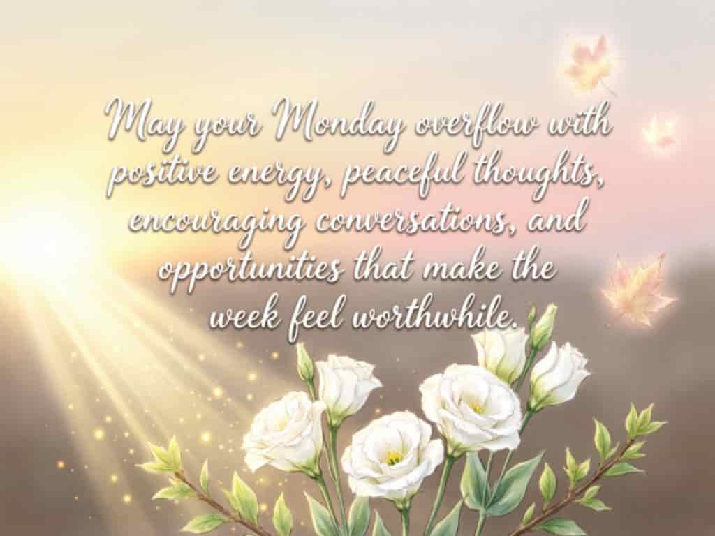 Positive Monday blessings quote with white flowers and sunlight