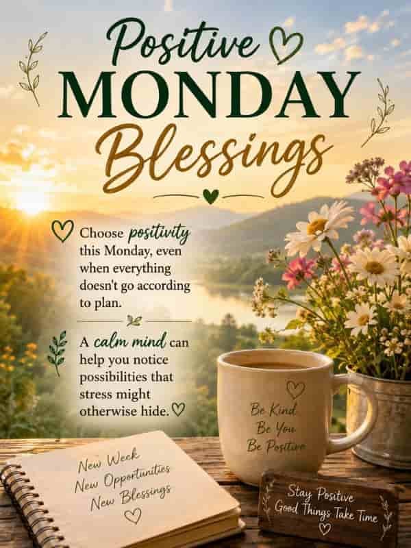 Positive Monday Blessings” inspirational graphic featuring a peaceful sunrise over a mountain lake, colorful flowers, a warm cup of coffee, and a notebook. The image encourages choosing positivity and maintaining a calm mind to recognize new possibilities throughout the week.