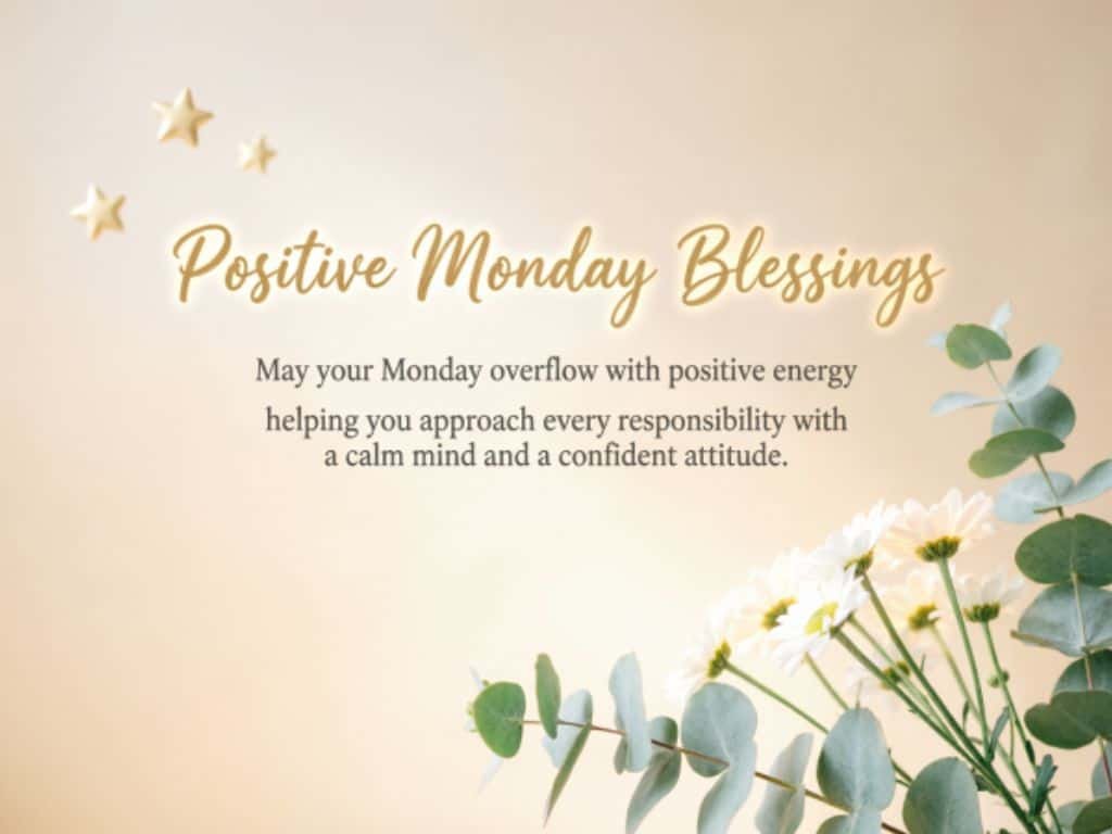Positive Monday blessings quote about positive energy, a calm mind, and a confident attitude with flowers and stars