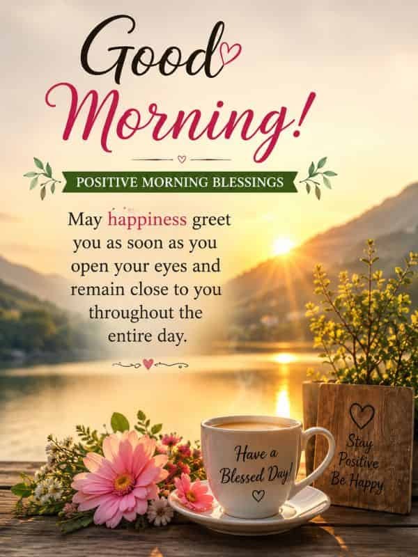 Positive morning blessings quote with a peaceful sunrise over a lake, flowers, and a warm cup of coffee.